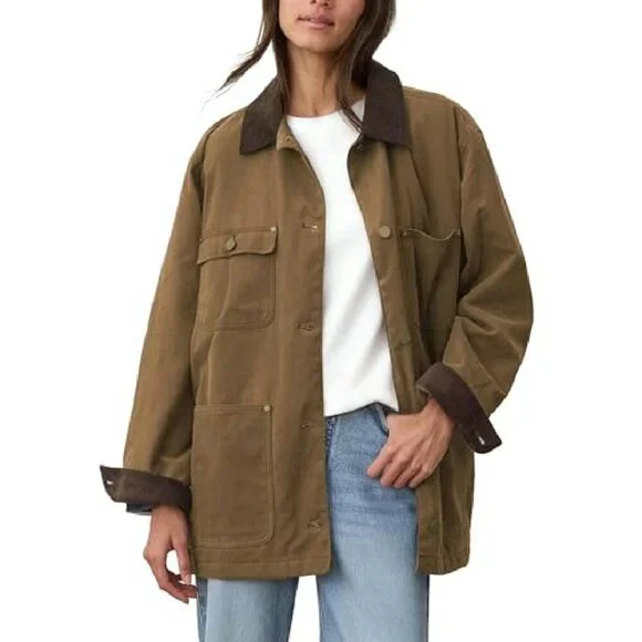 Oversized Cotton Barn Jacket with Corduroy Collar and Pockets - Picture 2 of 8